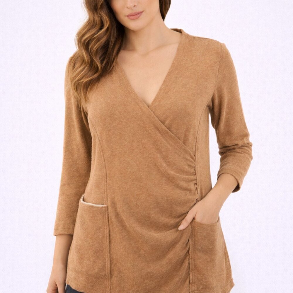 Sundance LouLou Tunic S Brown Faux Wrap Ruched Boho Pockets